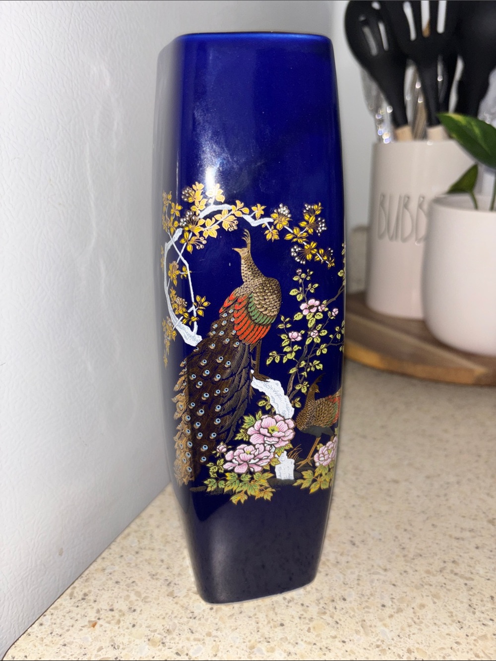 Vintage porcelain Japanese square cobalt blue pheasants and peonies vase